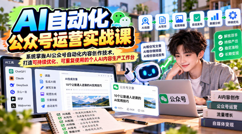 AI自动化公众号运营实战课，系统掌握AI公众号自动化内容创作技术，打造可持续优化、可重复使用的个人AI内容生产工作台瀚萌资源网-网赚网-网赚项目网-虚拟资源网-国学资源网-易学资源网-本站有全网最新网赚项目-易学课程资源-中医课程资源的在线下载网站！瀚萌资源网