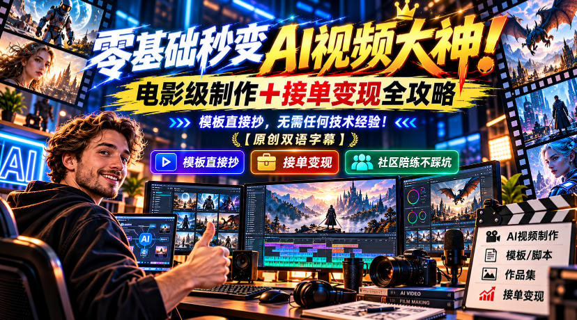 零基础秒变AI视频大神！电影级制作+接单变现全攻略，模板直接抄，无需任何技术经验！【原创双语字幕】瀚萌资源网-网赚网-网赚项目网-虚拟资源网-国学资源网-易学资源网-本站有全网最新网赚项目-易学课程资源-中医课程资源的在线下载网站！瀚萌资源网