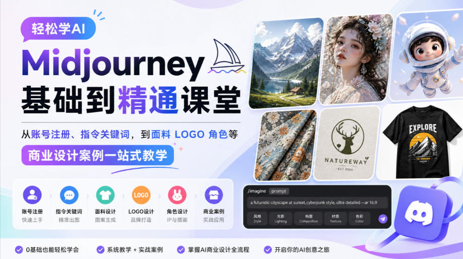 轻松学AI Midjourney基础到精通课堂，从账号注册、指令关键词，到面料LOGO角色等商业设计案例一站式教学瀚萌资源网-网赚网-网赚项目网-虚拟资源网-国学资源网-易学资源网-本站有全网最新网赚项目-易学课程资源-中医课程资源的在线下载网站！瀚萌资源网