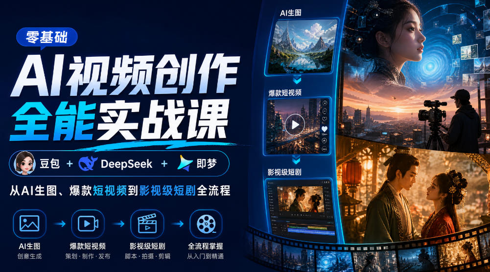 零基础AI视频创作全能实战课｜豆包+DeepSeek+即梦，从AI生图、爆款短视频到影视级短剧全流程瀚萌资源网-网赚网-网赚项目网-虚拟资源网-国学资源网-易学资源网-本站有全网最新网赚项目-易学课程资源-中医课程资源的在线下载网站！瀚萌资源网