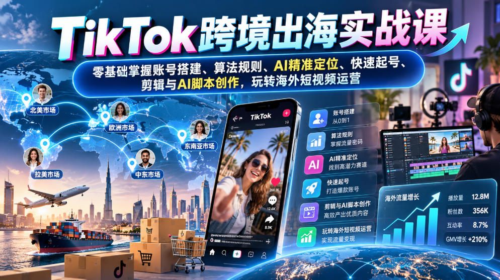 TikTok跨境出海实战课：零基础掌握账号搭建、算法规则、AI精准定位、快速起号、剪辑与AI脚本创作，玩转海外短视频运营瀚萌资源网-网赚网-网赚项目网-虚拟资源网-国学资源网-易学资源网-本站有全网最新网赚项目-易学课程资源-中医课程资源的在线下载网站！瀚萌资源网