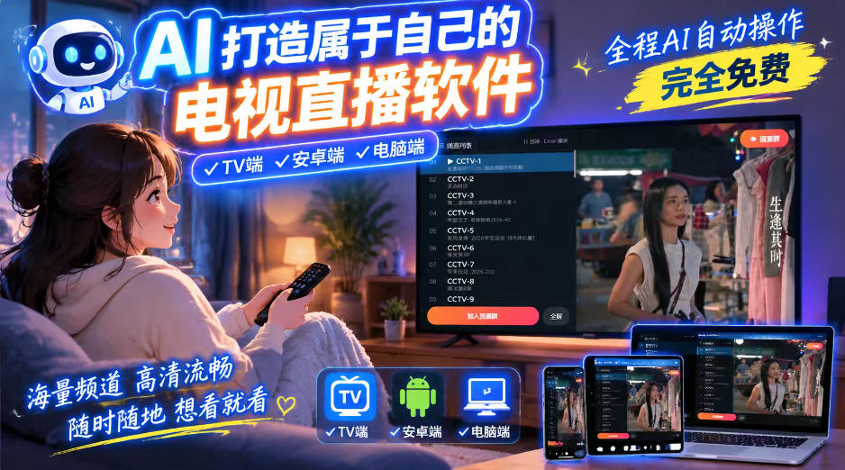 一个提示词，AI全自动做出电视直播软件，电脑、安卓、电视三端通用，完全免费，画质流畅不卡顿瀚萌资源网-网赚网-网赚项目网-虚拟资源网-国学资源网-易学资源网-本站有全网最新网赚项目-易学课程资源-中医课程资源的在线下载网站！瀚萌资源网