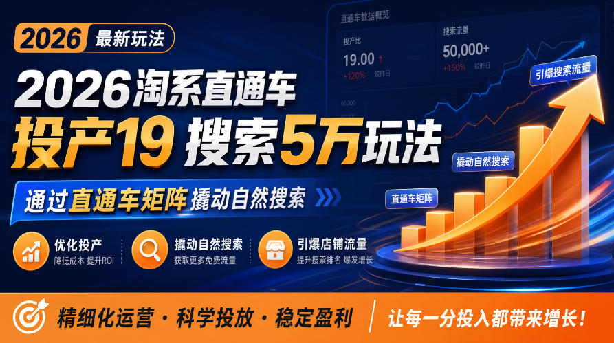 2026淘系直通车投产19搜索5万玩法，通过直通车矩阵撬动自然搜索，帮助商家优化投产，引爆店铺搜索流量瀚萌资源网-网赚网-网赚项目网-虚拟资源网-国学资源网-易学资源网-本站有全网最新网赚项目-易学课程资源-中医课程资源的在线下载网站！瀚萌资源网