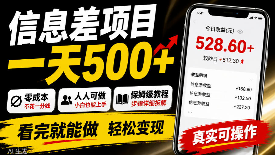 信息差项目一天500+，零成本，人人可做，保姆级教程，看完就能做【揭秘】瀚萌资源网-网赚网-网赚项目网-虚拟资源网-国学资源网-易学资源网-本站有全网最新网赚项目-易学课程资源-中医课程资源的在线下载网站！瀚萌资源网